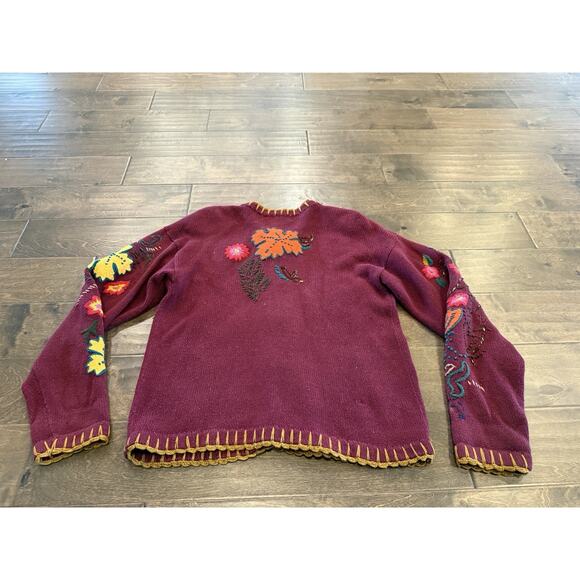 Vtg 80s Segue Womens Maroon Floral Embroidery Button Up Sweater Size M Medium - Picture 3 of 8